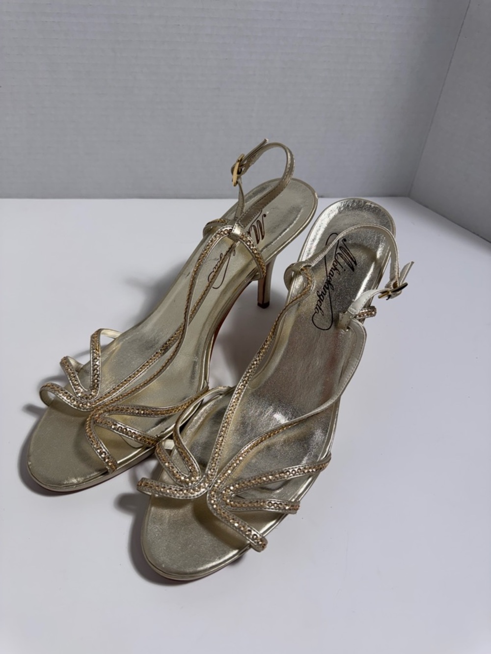Michaelangelo Gold Crystal-Strap Slingback Heels